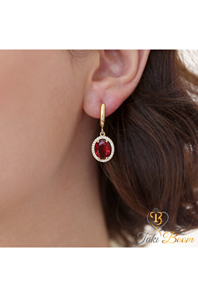 Takı Boom Kırmızı Taşlı Kadın Küpe, Kırmızı Oval Gümüş Küpe, Yakut Taşlı Küpe...