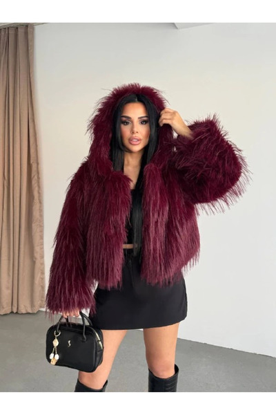 cemo Crop Kesim Kapüşonlu Yumuşak Suni Kürk Mont