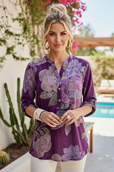 Chiccy Bluză italiană mov, cu guler, cu nasturi, mâneci 3/4, cu buzunare flor...