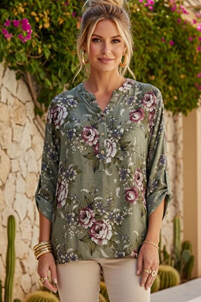 Chiccy Ιταλική μπλούζα με κουμπιά με γιακά χακί, με μανίκια 3/4, λουλουδάτες ...