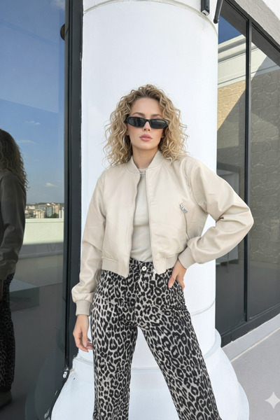 Ecenin Favorileri Beige Pocket Detailed Bomber Women's Faux Leather Jacket