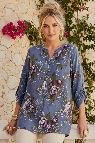 Chiccy Ιταλική μπλούζα με κουμπιά με γιακά, μανίκια 3/4, λουλουδάτες τσέπες, ...