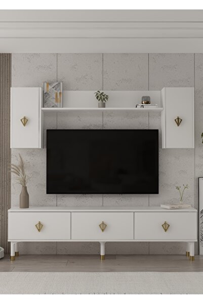DEMONTE DECOR 1369TV180DD-32 TV SEHPASI,TV ÜNİTESİ BEYAZ-ALTIN