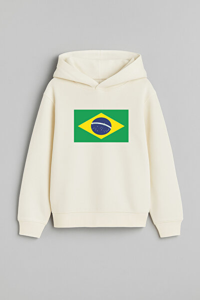 MODA Детска суитшърт с качулка в цвят екрю с щампован флаг на Бразилия