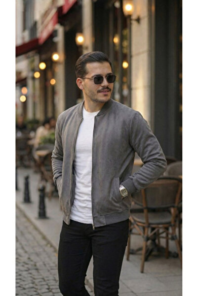 viyamen Ανδρικό καφέ σουέντ μπουφάν με υφή, εποχιακό bomber jacket