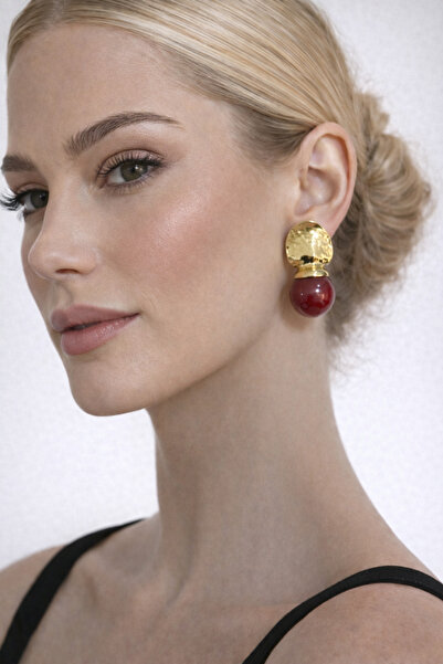 PABALAS Women's Gold Textured Red Ball Dangle Earrings