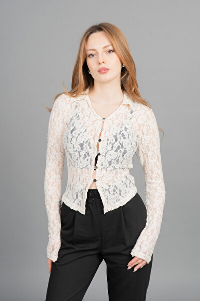 MissVina Shirt Collar Long Sleeve Buttoned Tulle Blouse 70051