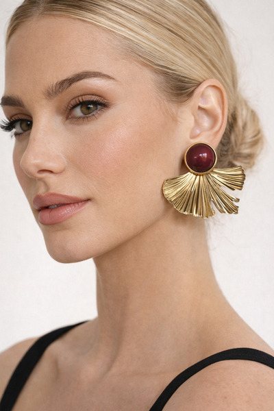 PABALAS Women's Gold Color Fan-Shaped Burgundy Stone Nail Earrings
