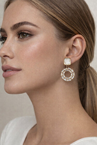 PABALAS Women's Gold Color Square Detailed Hoop Stone Dangle Earrings