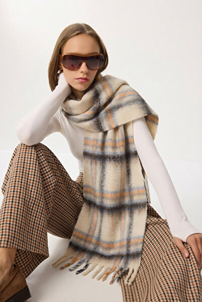 Lovelyİstanbul Patterned Wool Effect Thick Scarf Lgn0002 Cream Black