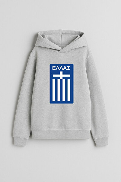 MODA Детска суитшърт с качулка в сиво с отпечатан гръцки флаг
