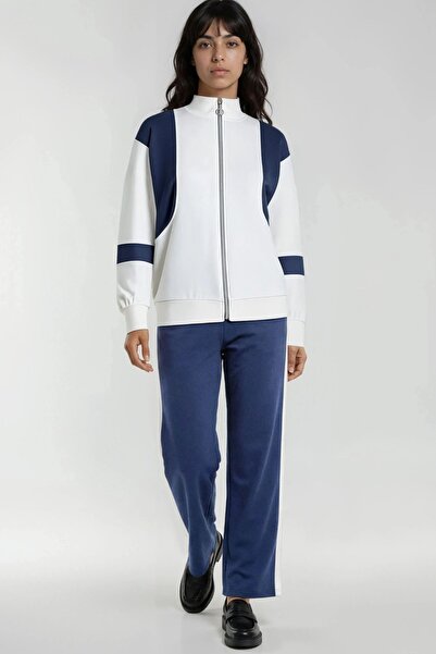 Hiccup Modal Textured Color Block Zippered Collar Wide Leg Double Suit Berşan...