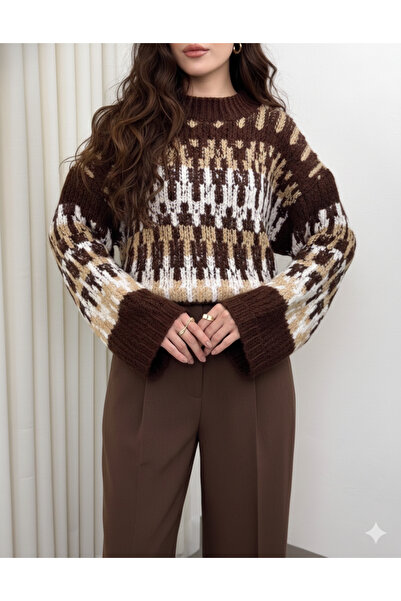 Kirazgym Women's Three Color Ethnic Patterned Knitwear Sweater - Coffee