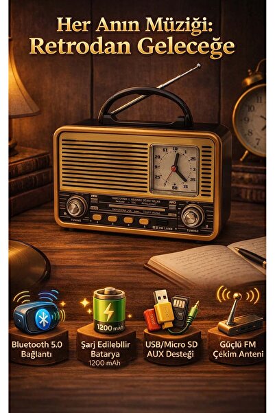 FaroxTech Analog Saatli Retro Bluetooth Hoparlör - Şarjlı FM Radyo, USB/SD MP...