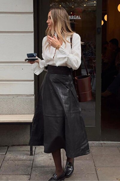 Madmext Black Belt Detailed Leather Midi Length Women's Skirt Mg2632