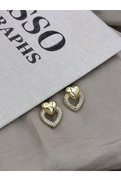 Hedef Bijuteri Gold Color Heart Detailed Zircon Stone Earrings Cm134