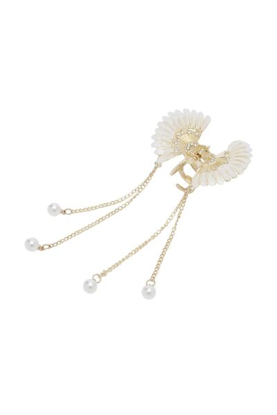Tudivanyu Aksesuar Elegant Butterfly Hairpin Adorned with Pearl Chains and White Stones