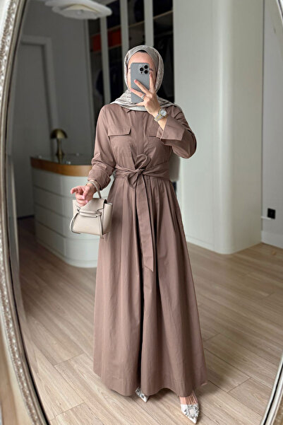 Ka Hijab Buttoned Pleated Detail Poplin Dress - Brown