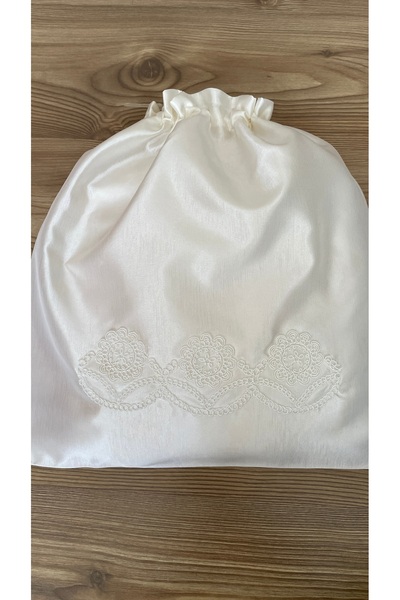 Acurmans Terlik-Ayakkabı Çamaşır Kesesi Fransız Danteli Detaylı ( Krem Satane...