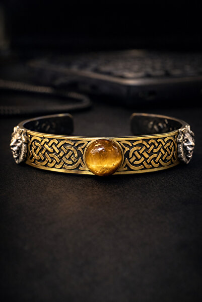 OSMANLI GÜMÜŞ Men's Bijouterie Bracelet - Lion Motif Tiger Eye Stone Celtic K...