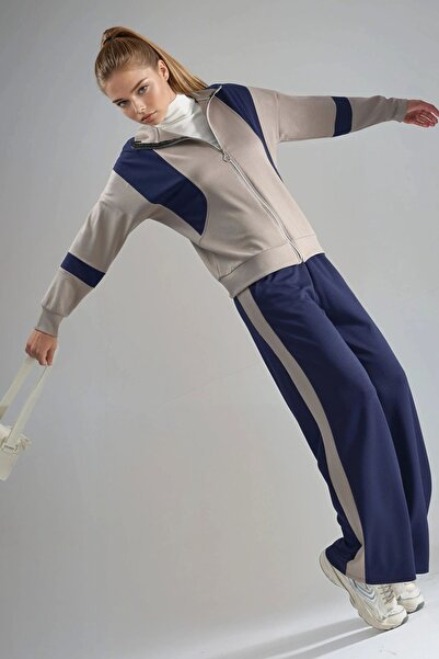 Hiccup Modal Textured Color Block Zippered Collar Wide Leg Double Suit Berşan...