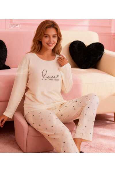 NiCe İç Giyim Set de pijamale pentru femei, culoare crem, cu gât tip crewneck...