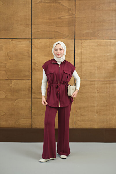 LOCCO Women's Adjustable Waist Gold Zipper Detail Vest Set Set Plum