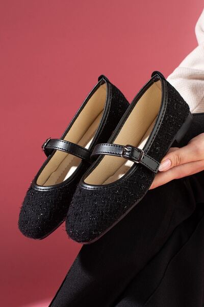 FUGA MODA Camelia Black Glitter Fabric Nickel Buckle Belt Strap Ballerinas