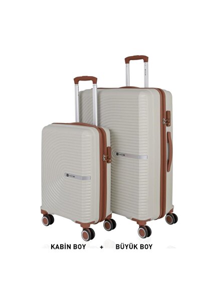 MÇS Bavul Büyük ve Kabin 2li Set Kırılmaz Silikon Valiz V374 Kemik/Kahverengi