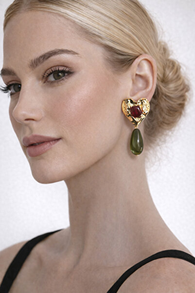PABALAS Women's Gold Heart Detailed Green Drop Dangle Earrings