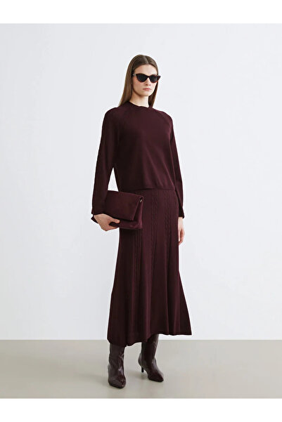 LC Waikiki LCW Modest Bordo Beli Lastikli Kendinden Desenli Kloş Triko Etek