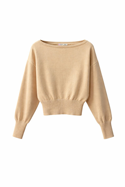 Mixray 6988 Women's Asymmetrical Rib Cut Boat Neck Knitwear Sweater Camel