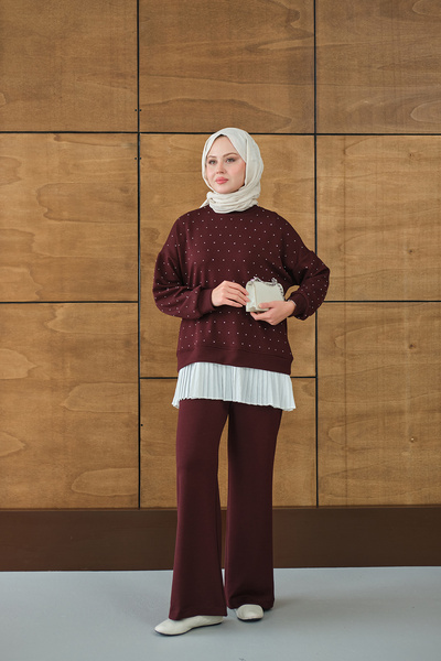 LOCCO Γυναικείο Σετ Πλισέ Πέτρινο Διπλό Σετ Βουργουνδίας