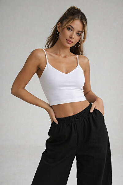 WILD BEE Kadın Beyaz Askılı V Yaka Crop Atlet