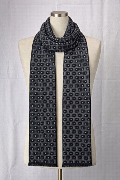 Dervişan İpekçilik Siyah Gri Geometrik Desenli SAF KAŞMİR Kaşkol/Atkı