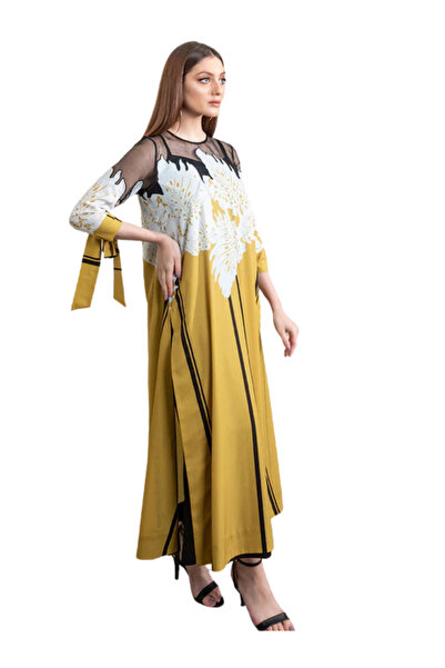 MYSMAR Mustard & Black Crepe Free Delevery Dress - AFK1015 | Mustard & Black