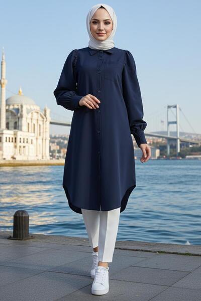 hafsamina Balloon Sleeve Pocket Tunic Navy Blue Hm2871