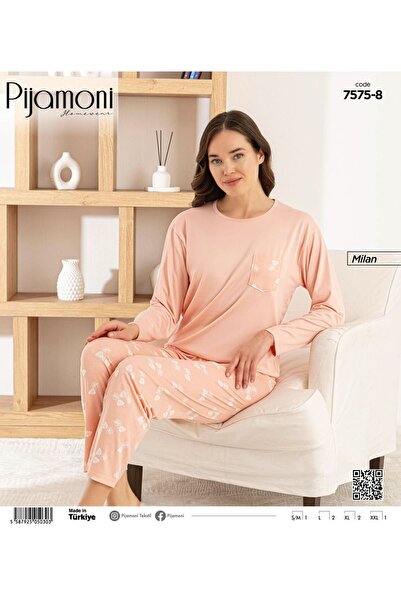 Pijamoni Bambu Milan Kumaş Yavruağzı Renkli Sıfır Yaka Uzun Kollu Kadın Pijam...
