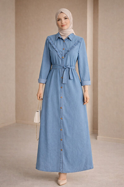 Kirazgym Women's Buttoned Long Hijab Denim Dress - Blue