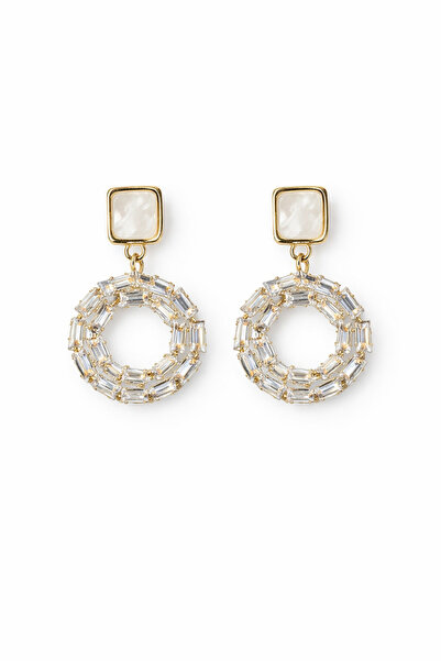 PABALAS Women's Gold Color Square Detailed Hoop Stone Dangle Earrings