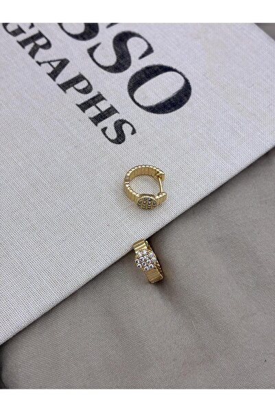 Hedef Bijuteri Gold Color Serrated Round Detailed Zircon Stone Thick Hoop Ear...