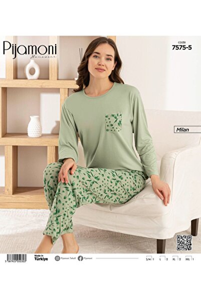 Pijamoni Bambu Milan Kumaş Yeşil Renkli Sıfır Yaka Uzun Kollu Kadın Pijama Ta...