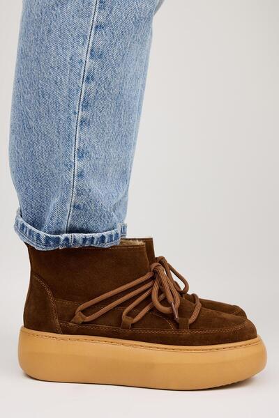 Manijero Serras Women's Leather Laced Brown Boots with Fur Inside