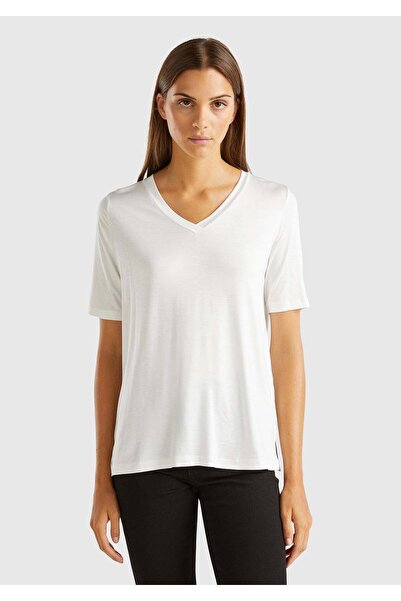 United Colors of Benetton Bluză albă pentru femei/fete, amestec de viscoză, c...