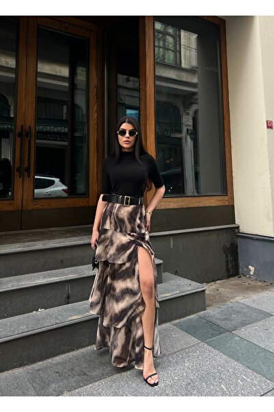 Bak'ap Premium Asymmetrical Slit Ruffled Belted Bohemian Long Skirt