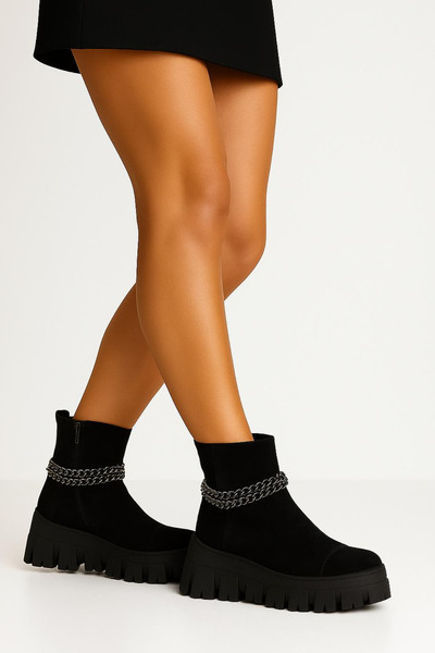 GARKONY Women's Boots Natural Leather Black with Chains Relly