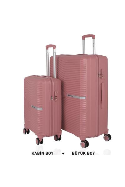 MÇS Bavul Büyük ve Kabin 2li Set Kırılmaz Silikon Valiz V374 Koyu Pudra