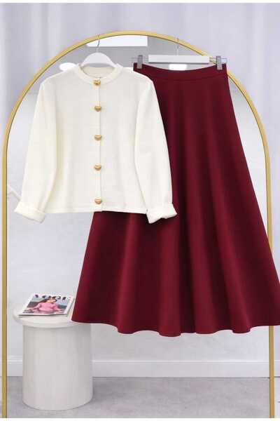 MODA VEDAT Women's Button Detailed Knitwear Cardigan - Puff Scuba Skirt Set