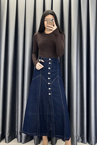 LEVURE Long Skirt with Front Button Detail - Dark Blue Dark Blue