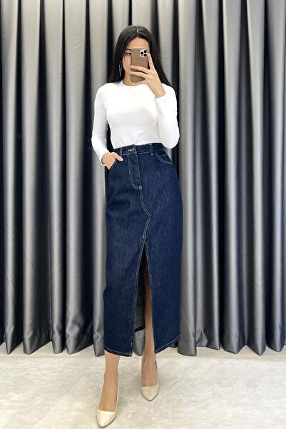 LEVURE Front Slit Detail Denim Skirt - Dark Blue Dark Blue